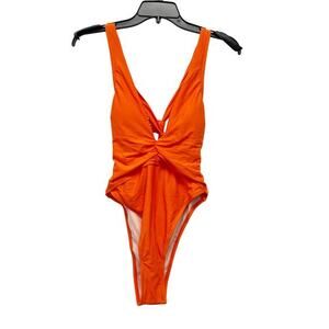 Cupshe Women's Flame Plunge‎ Ruched Ultra Cheeky Monokini Swimsuit Orange Small